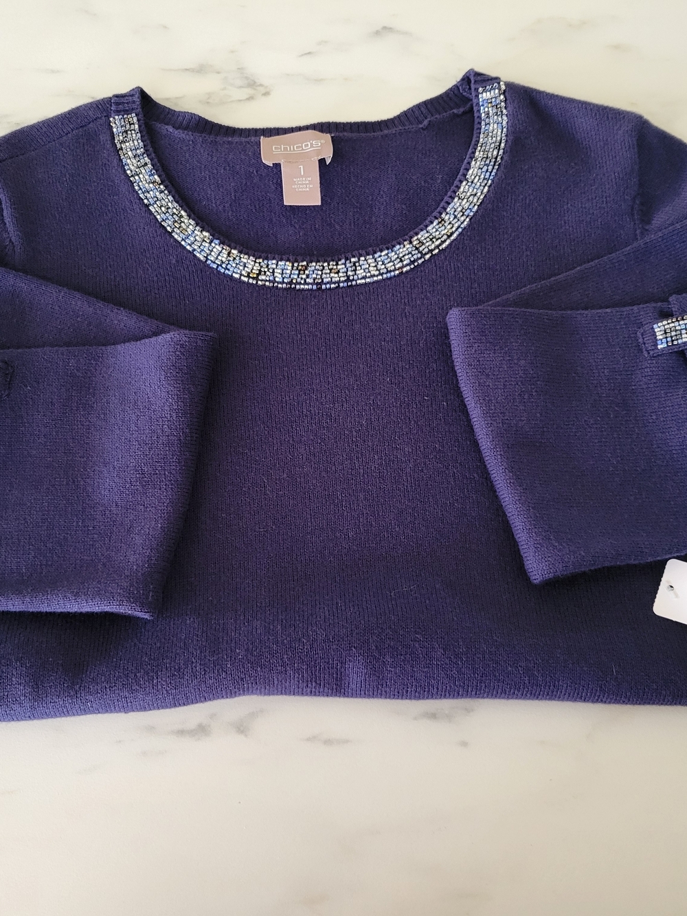 NWT Chico's Midnight Navy Blue Beaded Knit Sweater Size 1 Medium